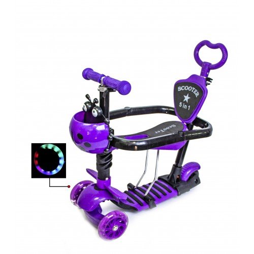 Самокат детский Scale Sports Kinder с сиденьем и родительской ручкой Божья коровка фиолетовый