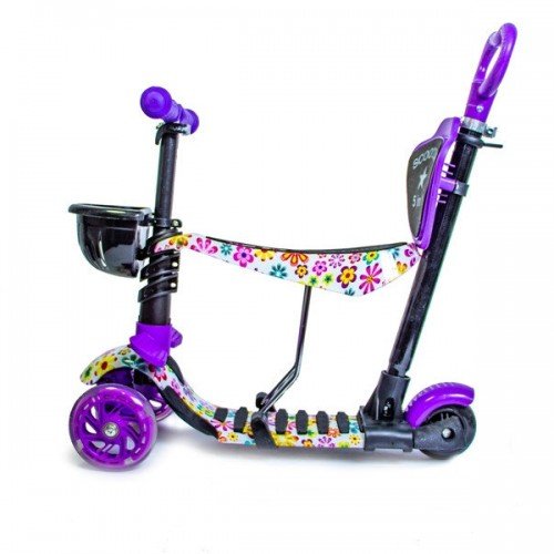 Самокат детский Scale Sports Junior с сиденьем и родительской ручкой Flowers