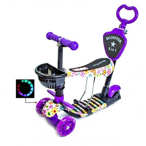 Самокат детский Scale Sports Junior с сиденьем и родительской ручкой Flowers