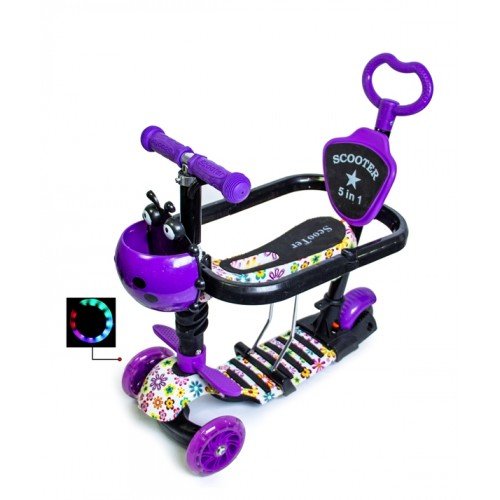 Самокат детский Scale Sports Kinder с сиденьем и родительской ручкой Божья коровка Цветочки