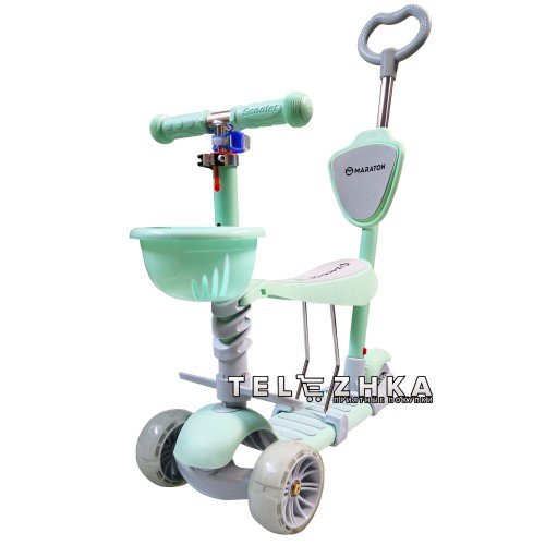 Самокат детский Maraton Tucson 2020 с родительской ручкой и сиденьем Морская волна