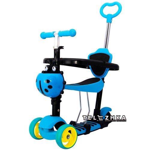 Самокат ScooteX Transformer Plus New с сиденьем и родительской ручкой Божья коровка синий