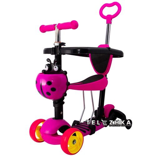 Самокат Maraton Onex Plus New с сиденьем и родительской ручкой Божья коровка розовый