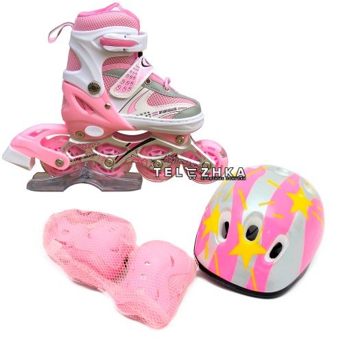 Ролики раздвижные SkateX Combo Kit Led 28-33 с комплектом защиты Розовый
