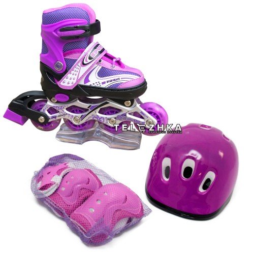 Ролики раздвижные SkateX Combo Kit Led 34-37 с комплектом защиты Фиолетовый
