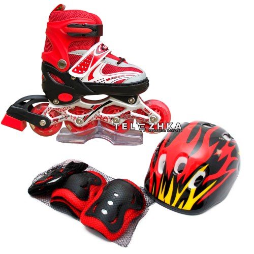 Ролики раздвижные SkateX Combo Kit Led 34-37 с комплектом защиты Красный